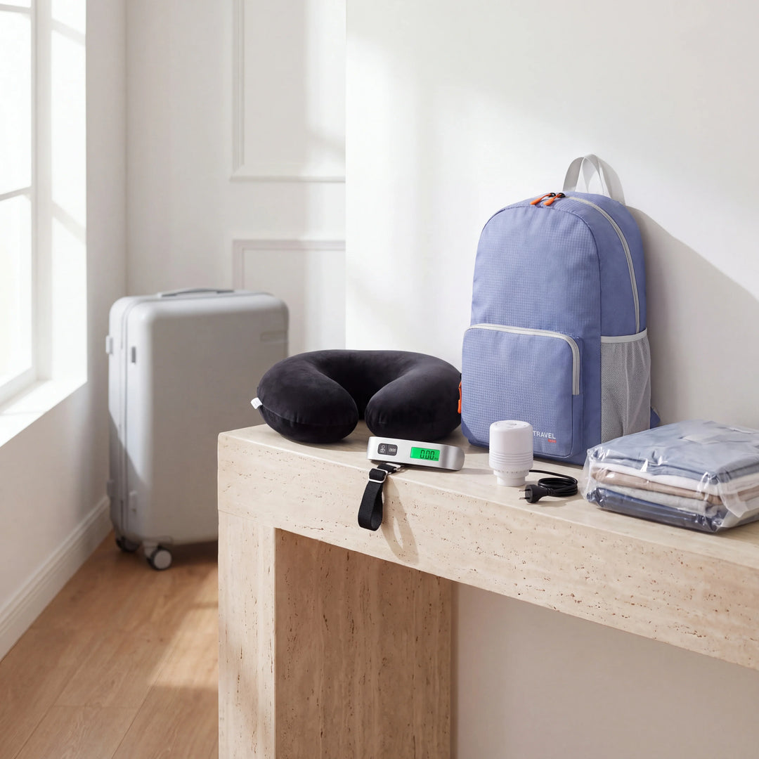 Accessoires de voyage Maison Bagages : coussin nuque, pèse-bagage, sac à dos pliable, rangement sous vide