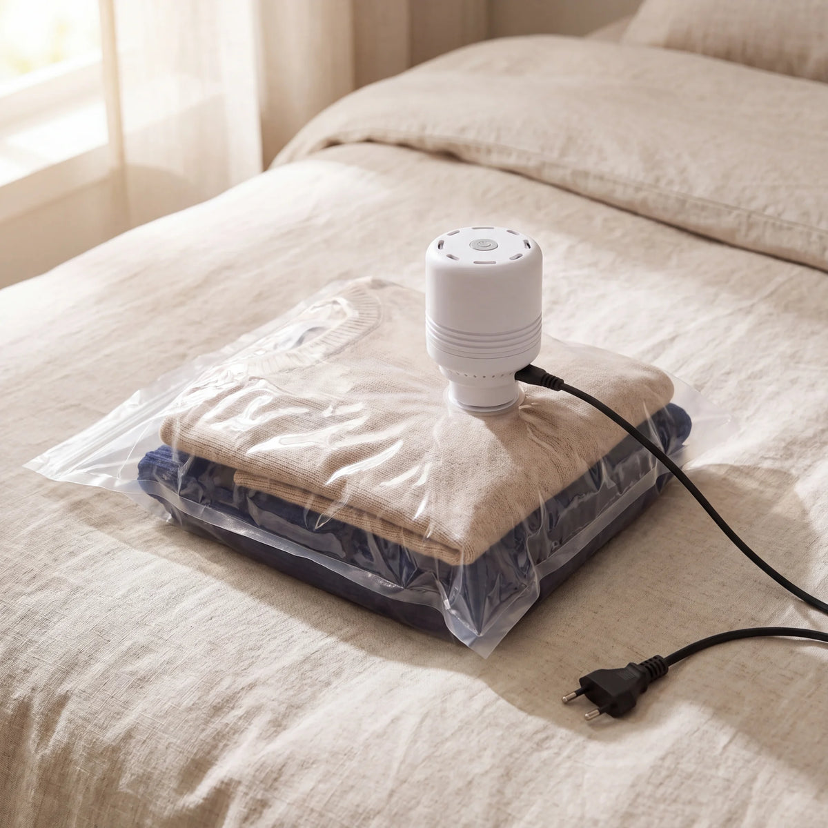 Set de rangement sous vide : 8 sacs de compression + pompe électrique, en situation