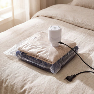 Set de rangement sous vide : 8 sacs de compression + pompe électrique, en situation