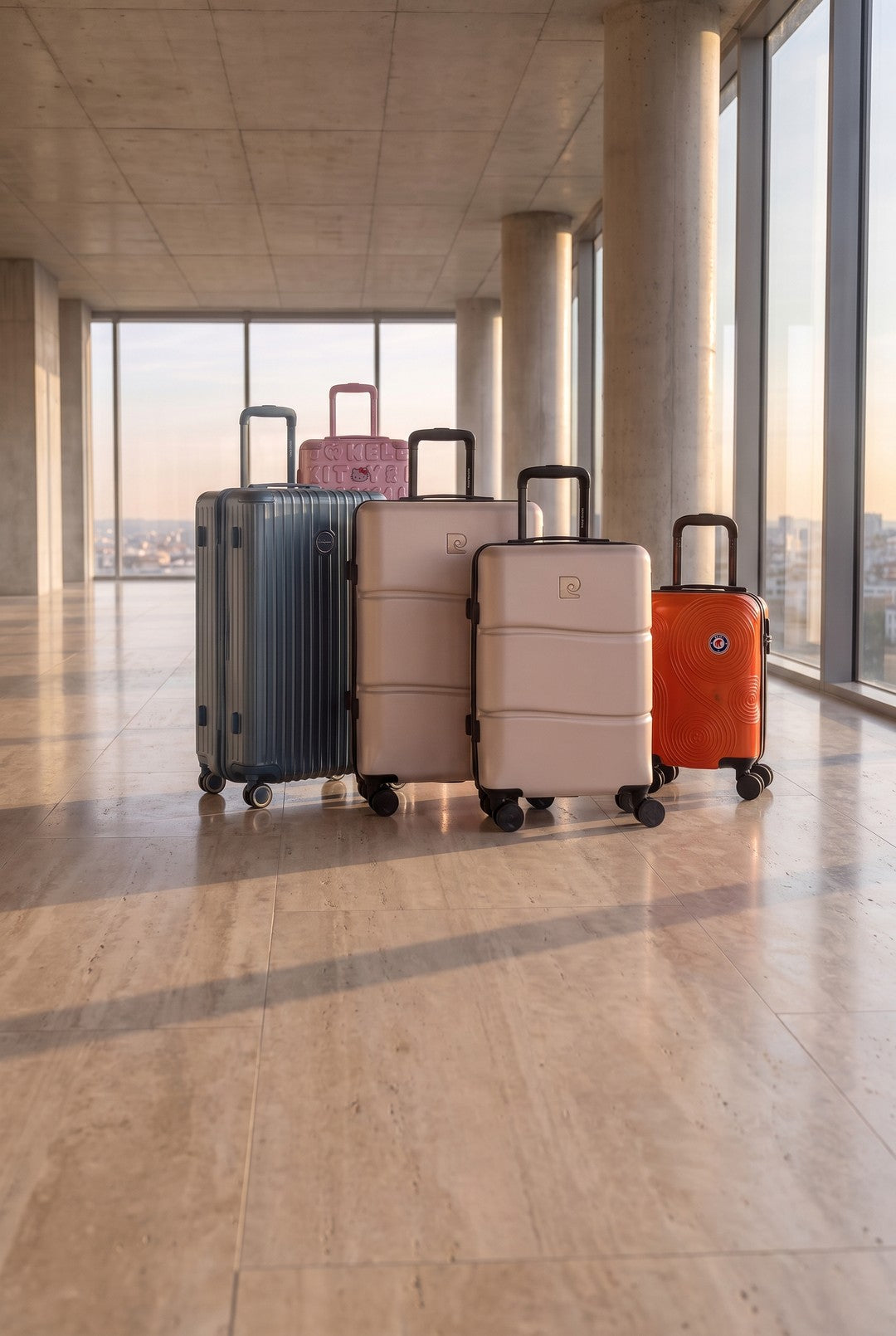 Valises Pierre Cardin Intense, Murano Trunk, Hello Kitty et Rafale dans un hall lumineux