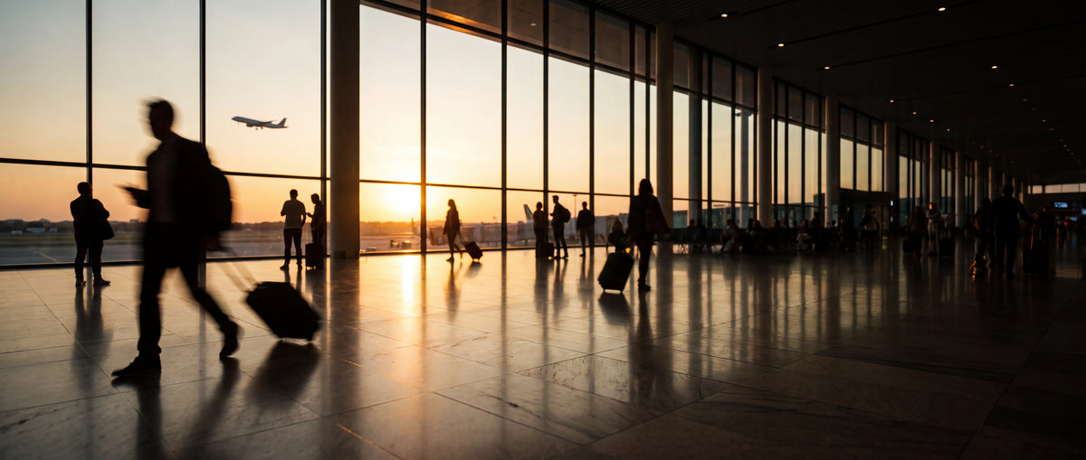 Voyageurs avec leurs valises dans un terminal d'aéroport au coucher du soleil, avion au décollage