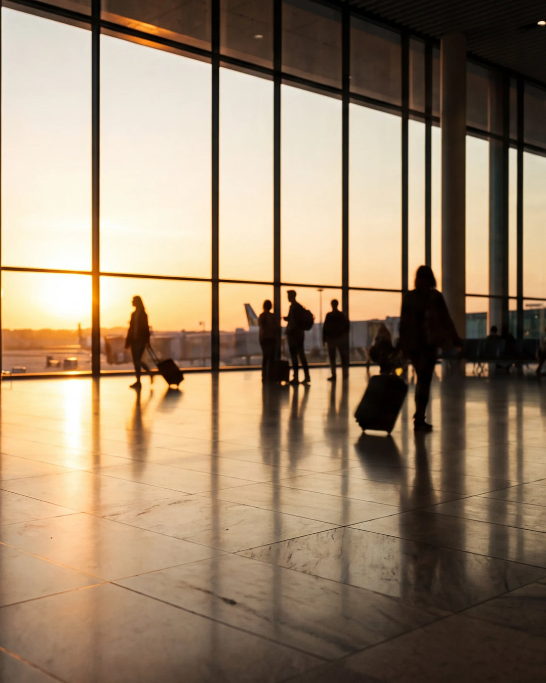 Silhouettes de voyageurs tirant leurs valises devant les baies vitrées d'un aéroport au coucher du soleil