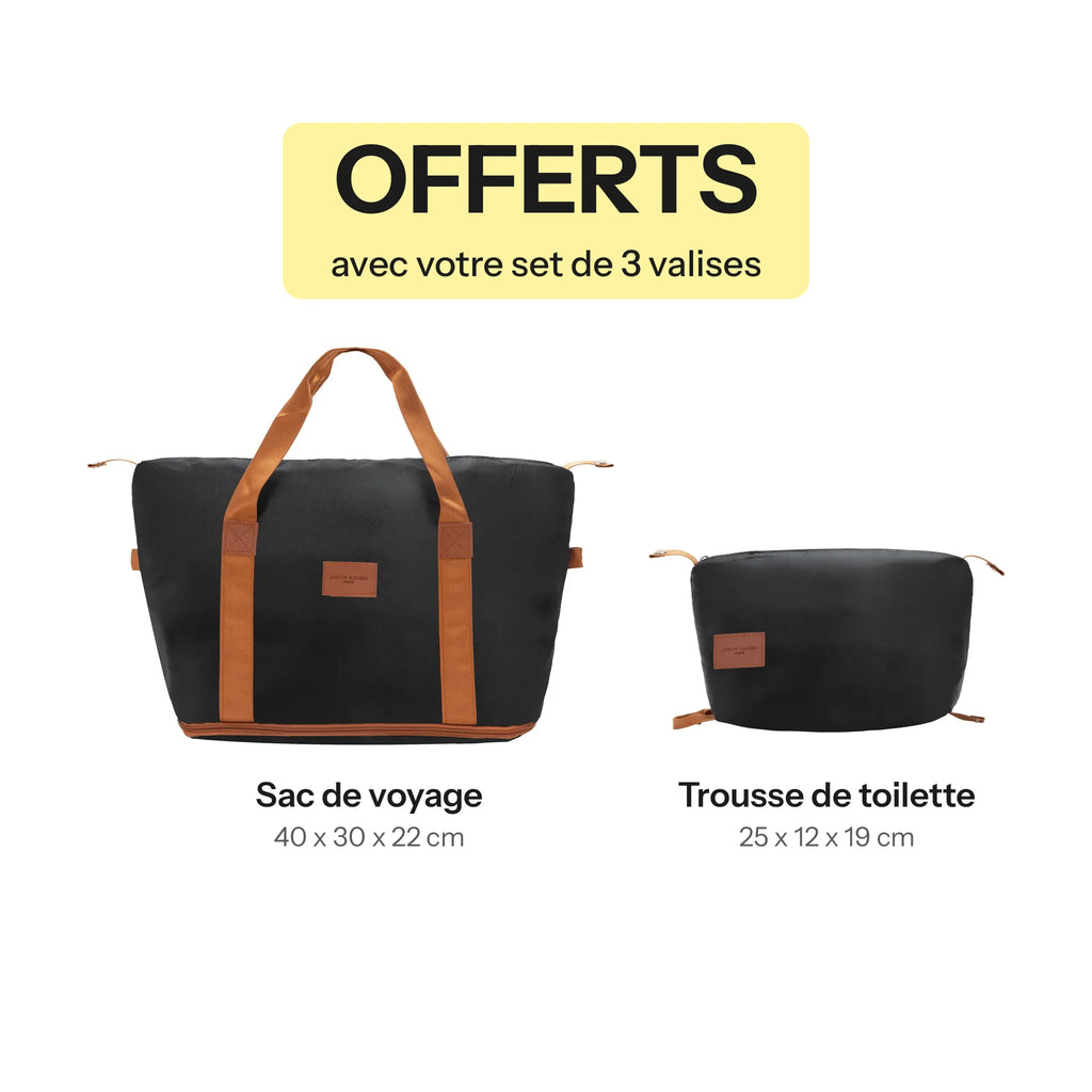 Set de 3 valises + 2 sacs Pierre Cardin Berlin Noir, sac de voyage et trousse de toilette offerts avec le set