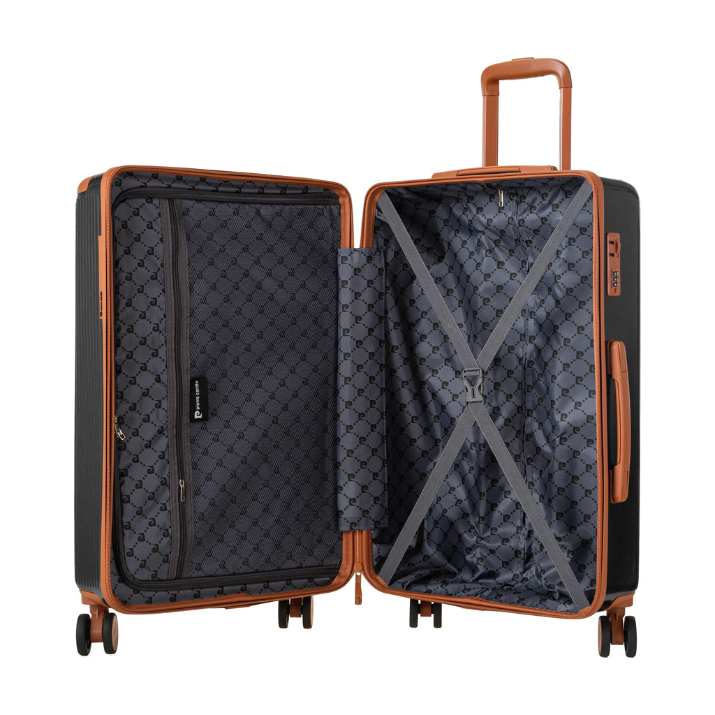 Set de 3 valises + 2 sacs Pierre Cardin Berlin Noir, valise ouverte, intérieur à sangles croisées