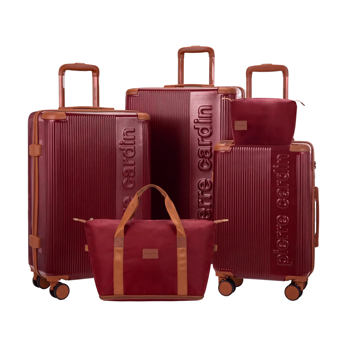 Set de 3 valises + 2 sacs Pierre Cardin Berlin Rouge foncé, set complet, 3 valises, sac de voyage et trousse de toilette