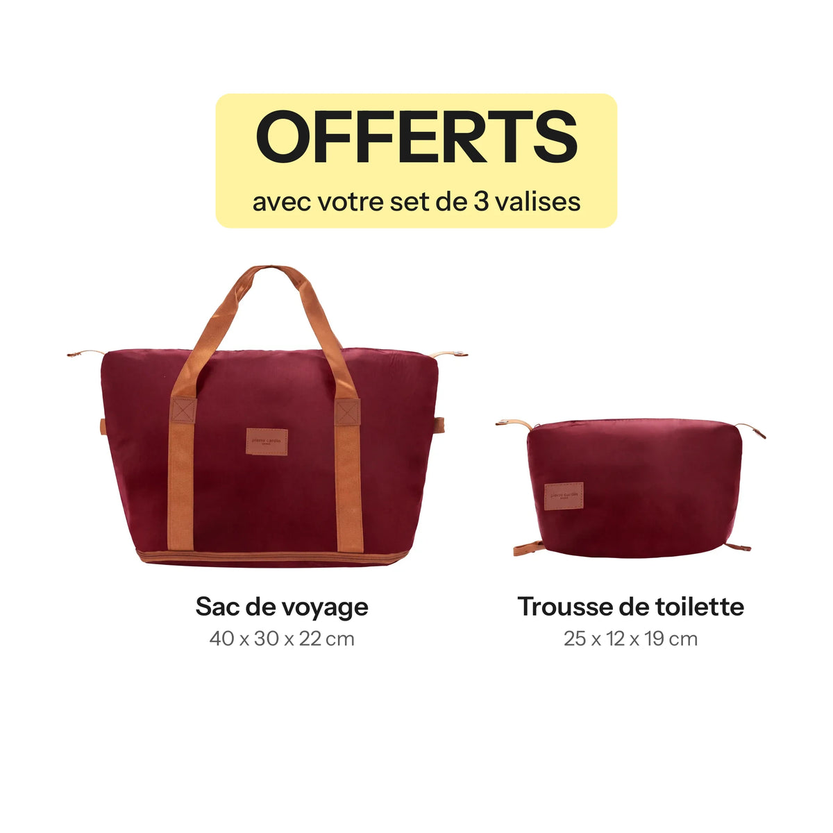 Set de 3 valises + 2 sacs Pierre Cardin Berlin Rouge foncé, sac de voyage et trousse de toilette offerts avec le set