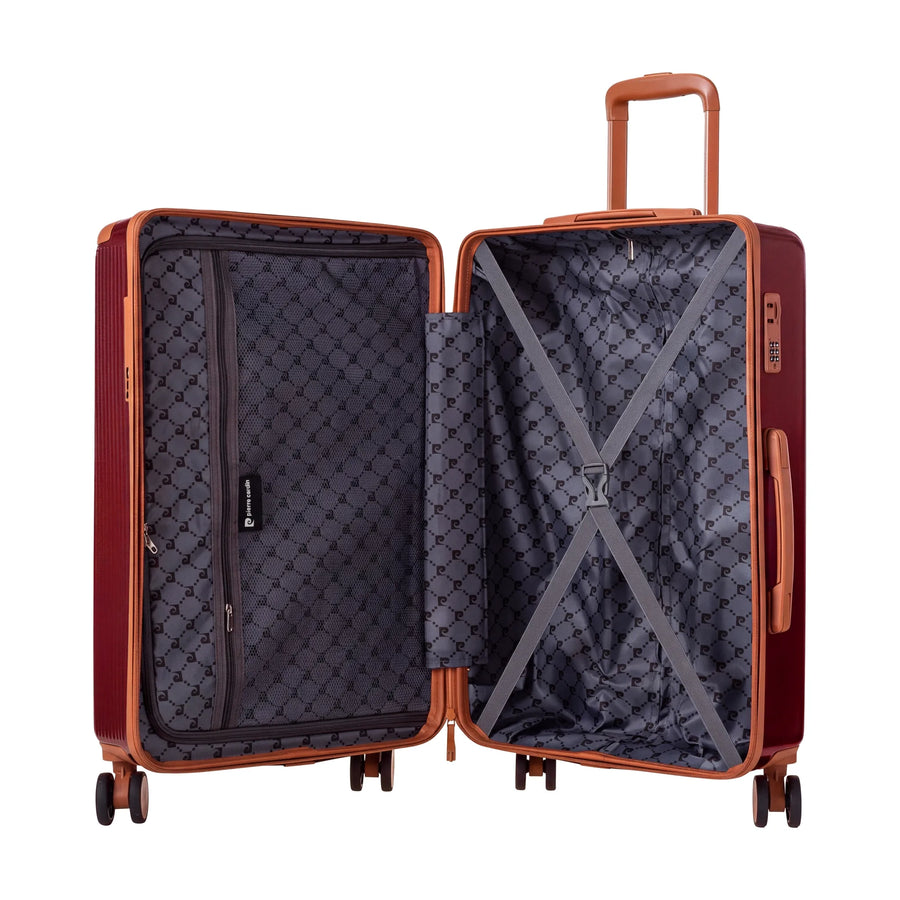 Set de 3 valises + 2 sacs Pierre Cardin Berlin Rouge foncé, valise ouverte, intérieur à sangles croisées
