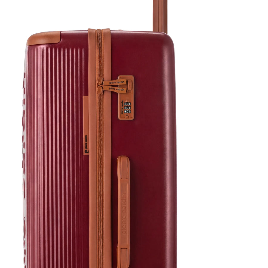 Set de 3 valises + 2 sacs Pierre Cardin Berlin Rouge foncé, détail cadenas à combinaison 3 chiffres