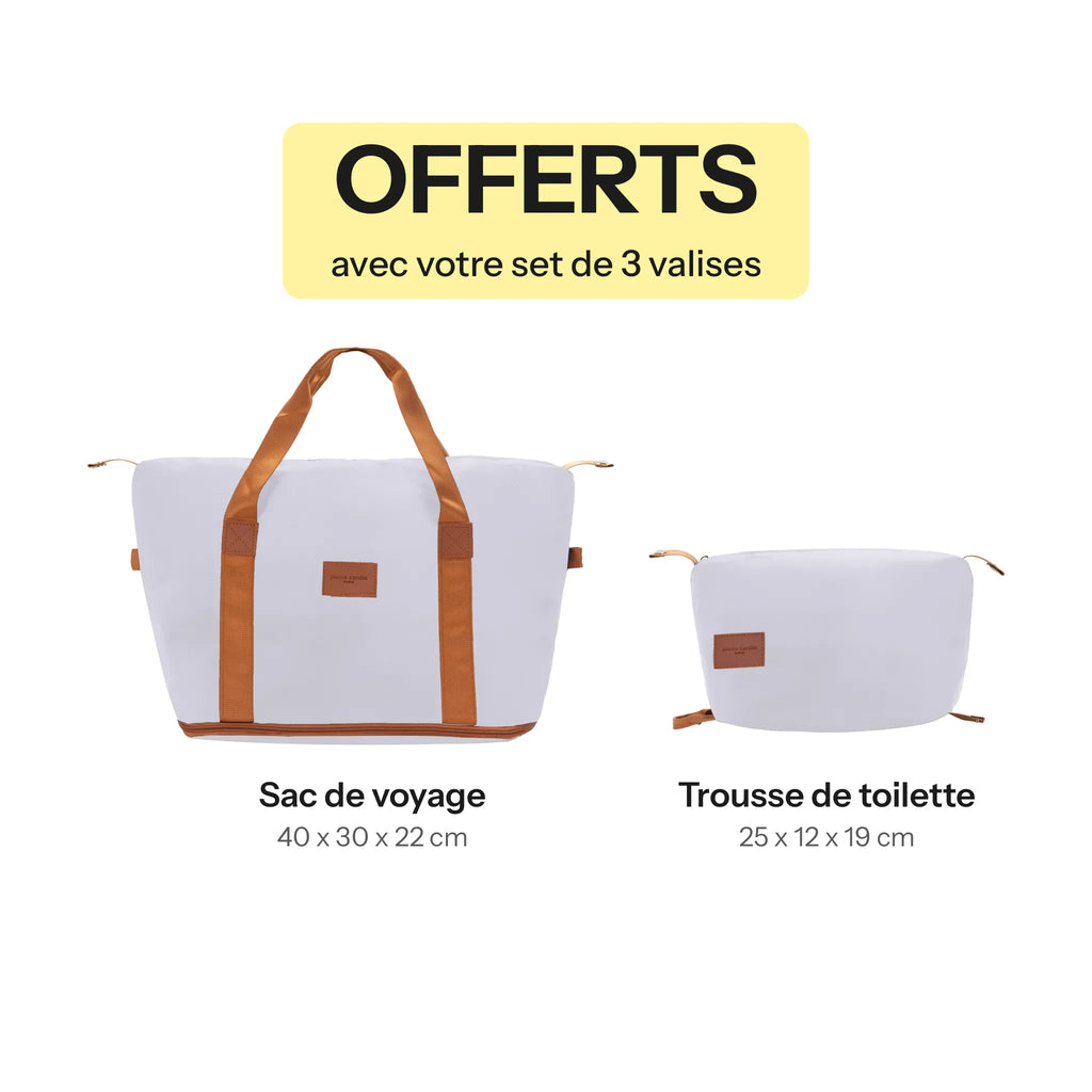 Set de 3 valises + 2 sacs Pierre Cardin Berlin Ivoire, sac de voyage et trousse de toilette offerts avec le set