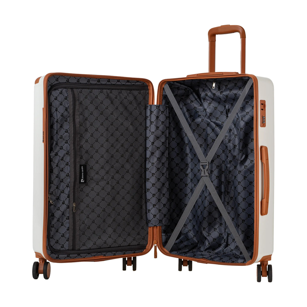 Set de 3 valises + 2 sacs Pierre Cardin Berlin Ivoire, valise ouverte, intérieur à sangles croisées