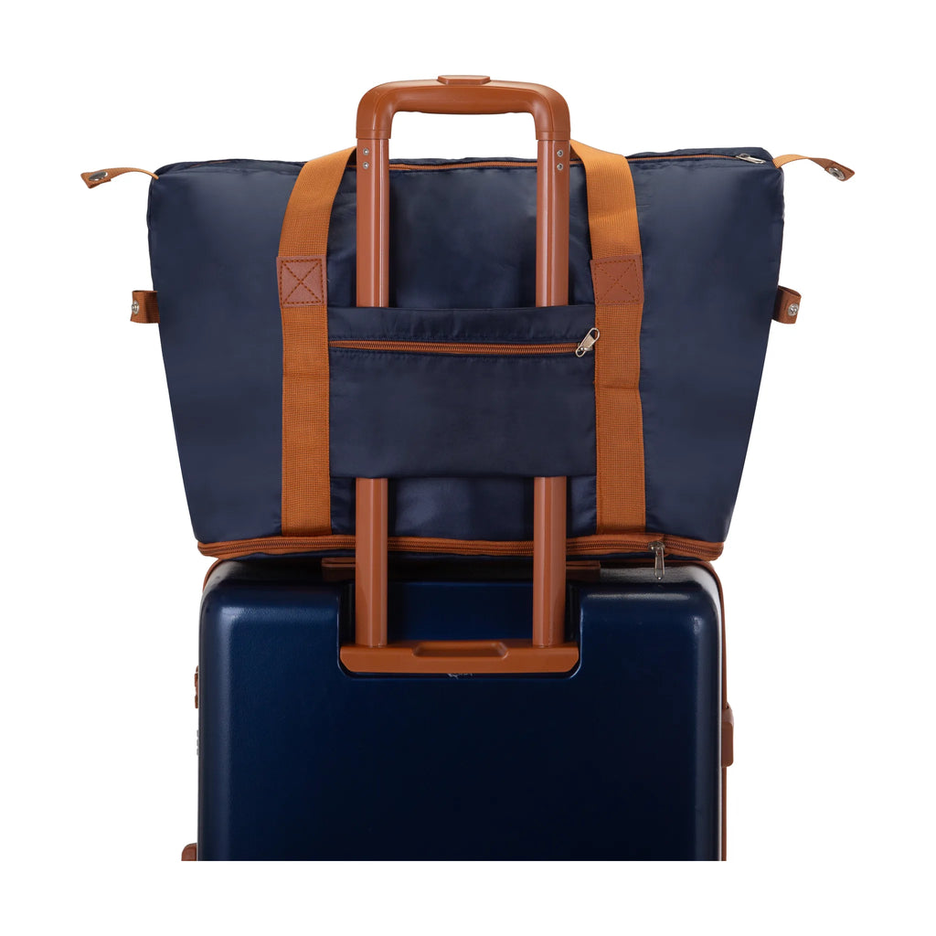 Set de 3 valises + 2 sacs Pierre Cardin Berlin Bleu marine, sac de voyage glissé sur le trolley de la valise