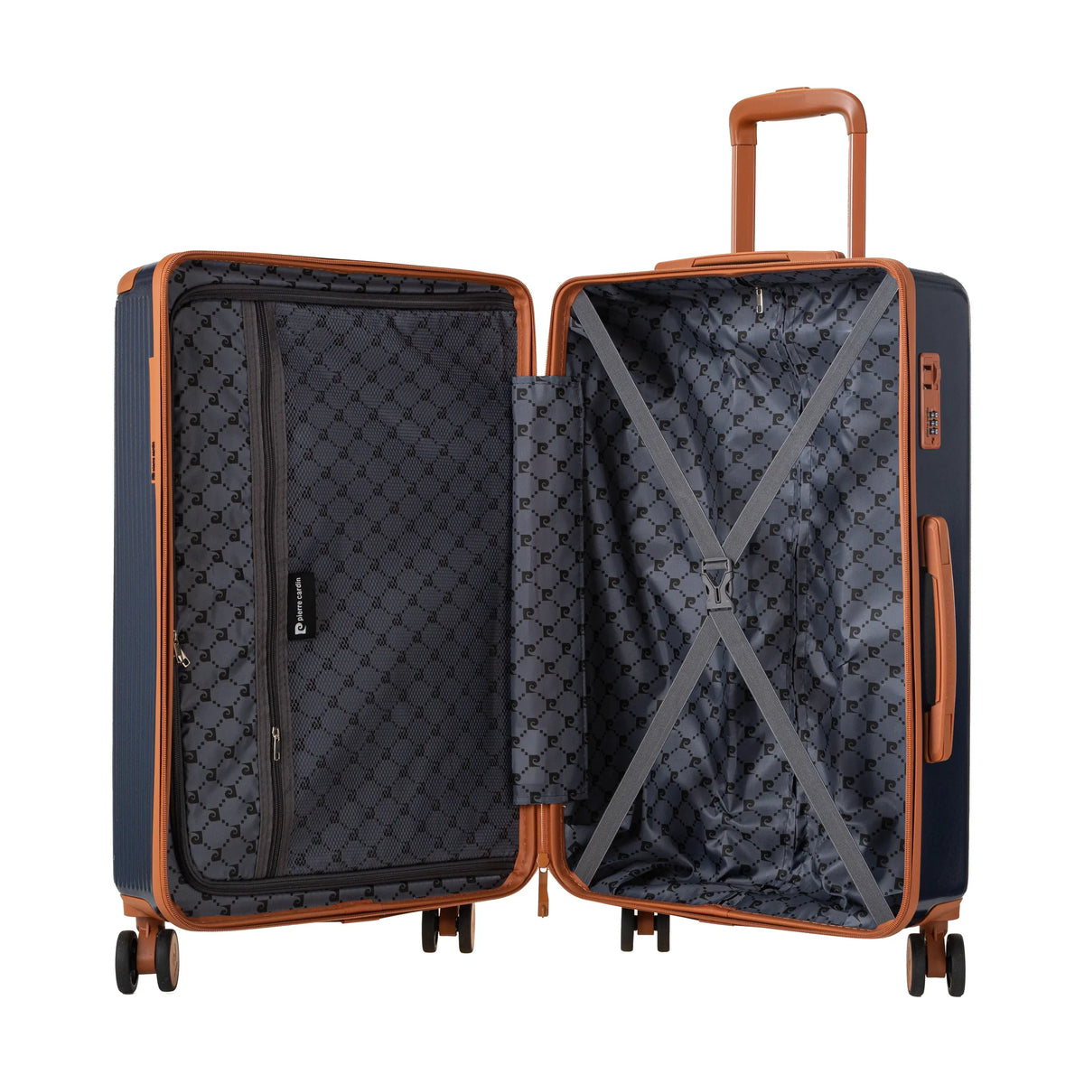 Set de 3 valises + 2 sacs Pierre Cardin Berlin Bleu marine, valise ouverte, intérieur à sangles croisées