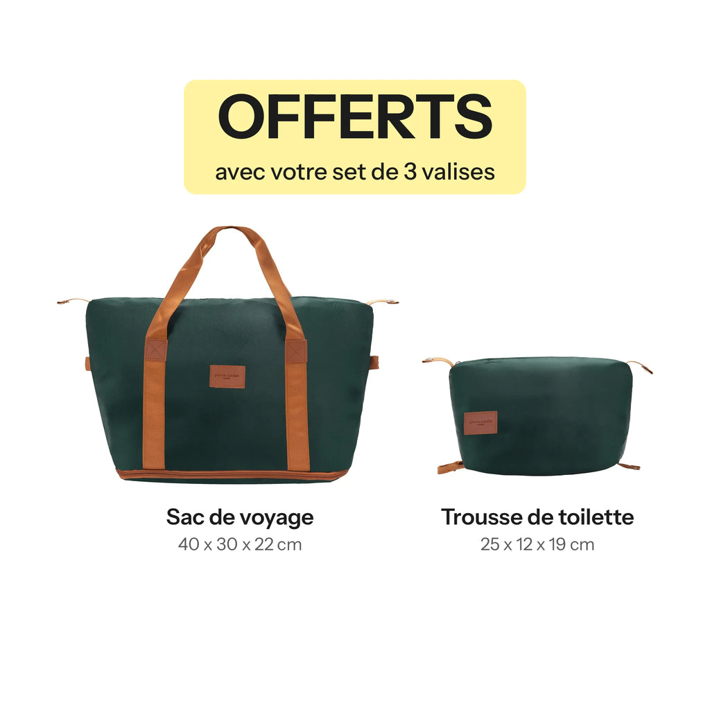 Set de 3 valises + 2 sacs Pierre Cardin Berlin Vert sapin, sac de voyage et trousse de toilette offerts avec le set