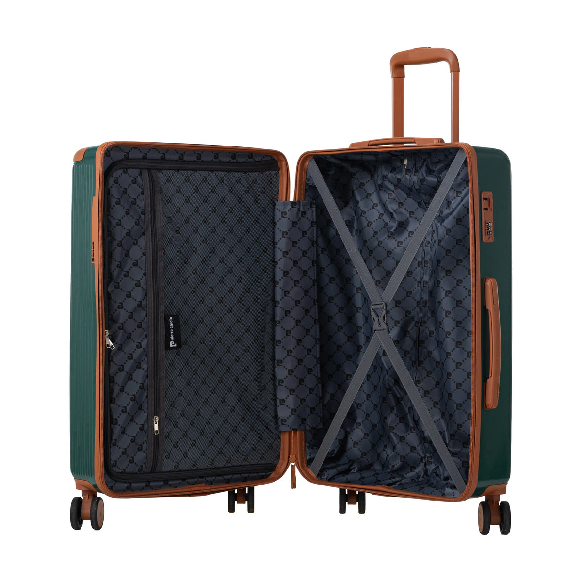 Set de 3 valises + 2 sacs Pierre Cardin Berlin Vert sapin, valise ouverte, intérieur à sangles croisées