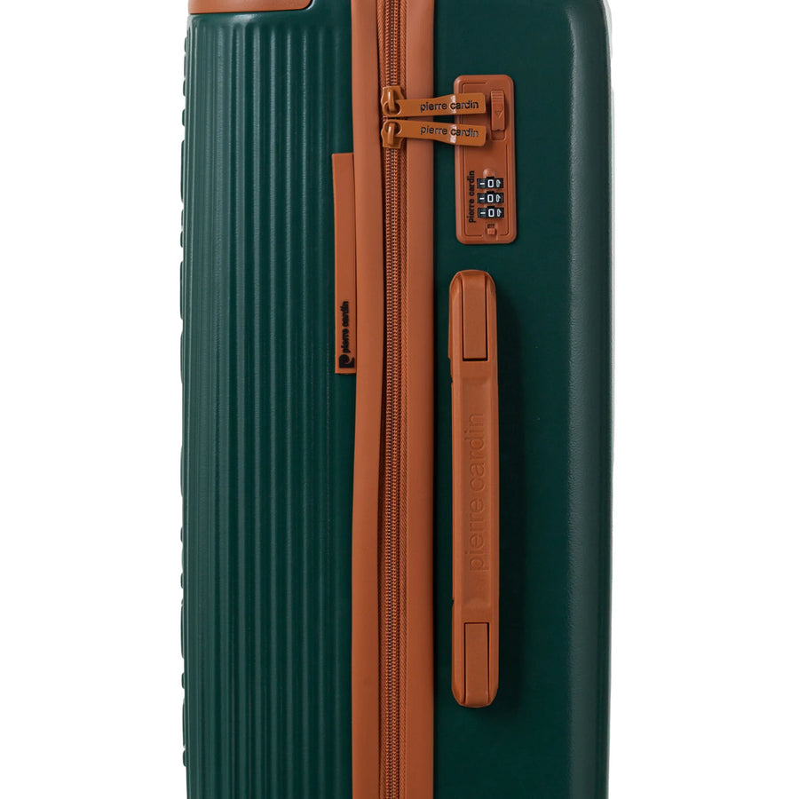 Set de 3 valises + 2 sacs Pierre Cardin Berlin Vert sapin, détail cadenas à combinaison 3 chiffres