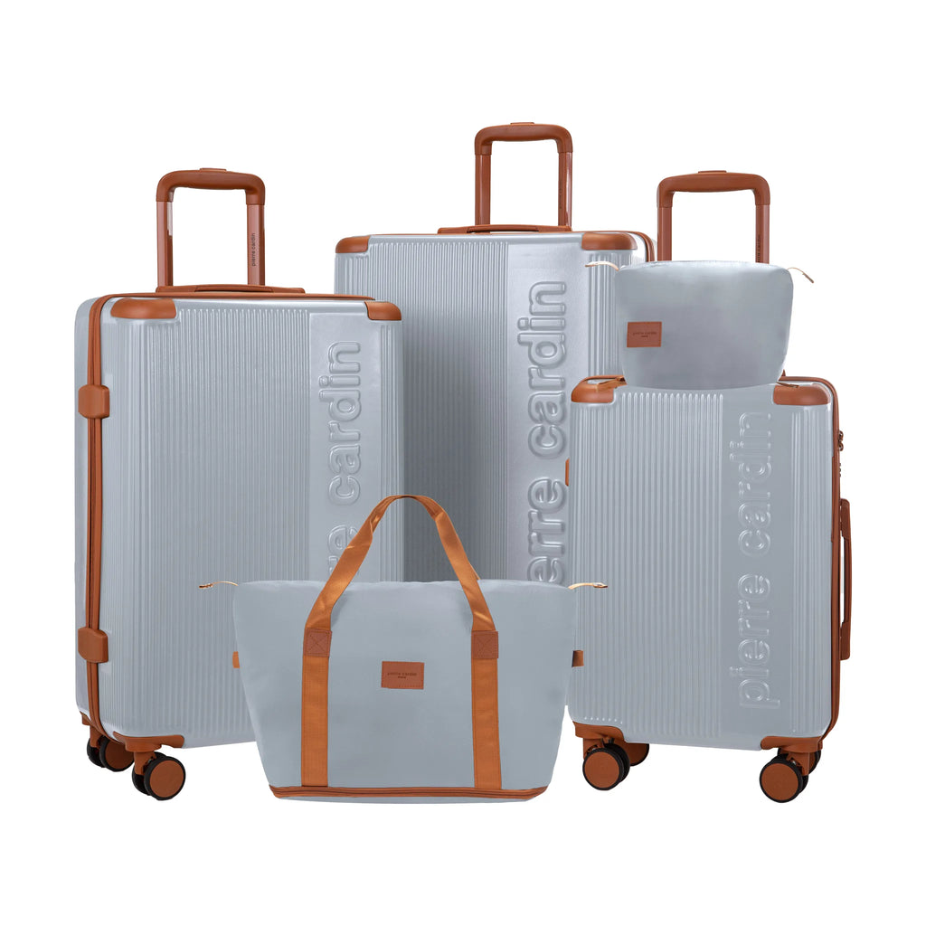 Set de 3 valises + 2 sacs Pierre Cardin Berlin Argent, set complet, 3 valises, sac de voyage et trousse de toilette