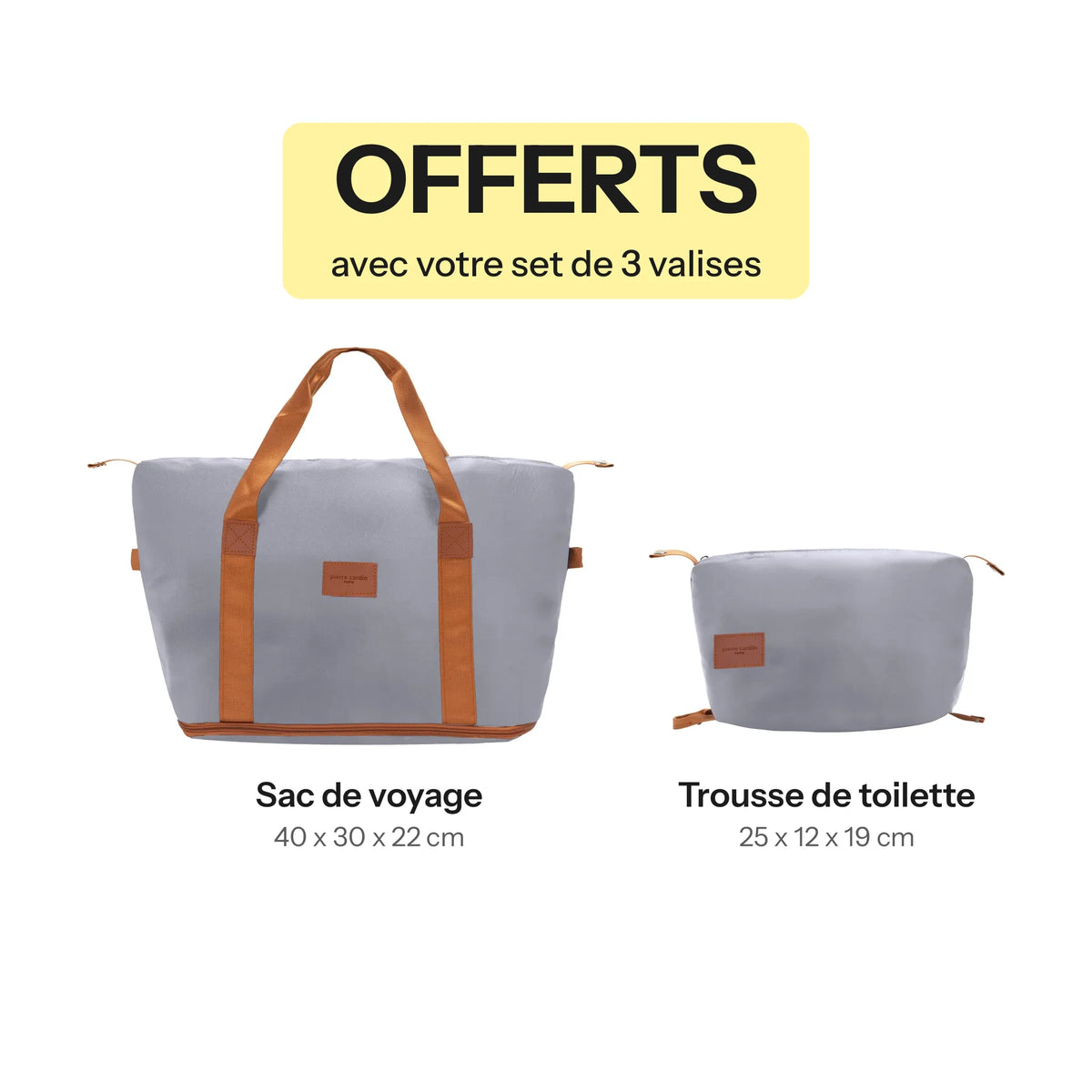 Set de 3 valises + 2 sacs Pierre Cardin Berlin Argent, sac de voyage et trousse de toilette offerts avec le set
