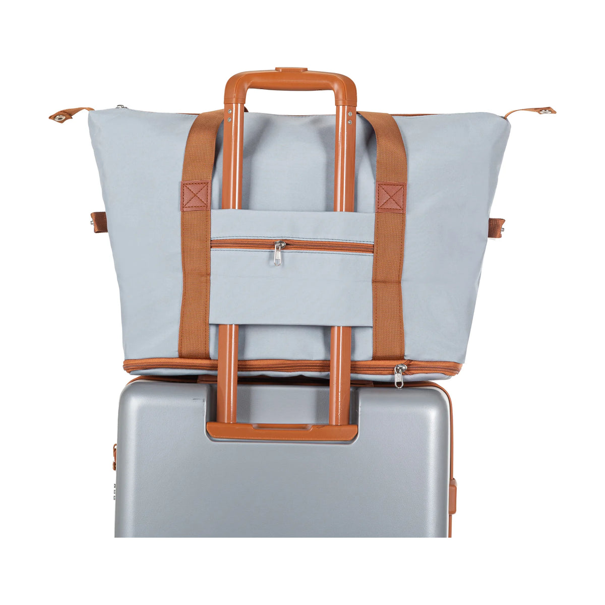 Set de 3 valises + 2 sacs Pierre Cardin Berlin Argent, sac de voyage glissé sur le trolley de la valise