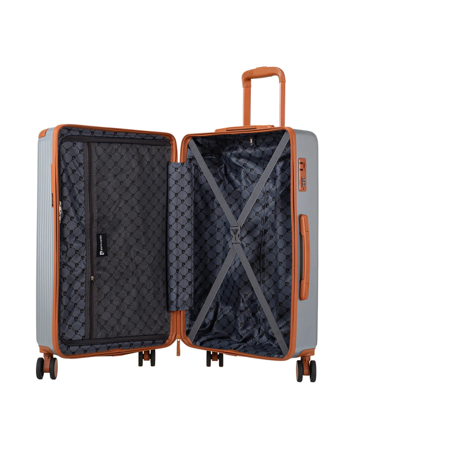 Set de 3 valises + 2 sacs Pierre Cardin Berlin Argent, valise ouverte, intérieur à sangles croisées