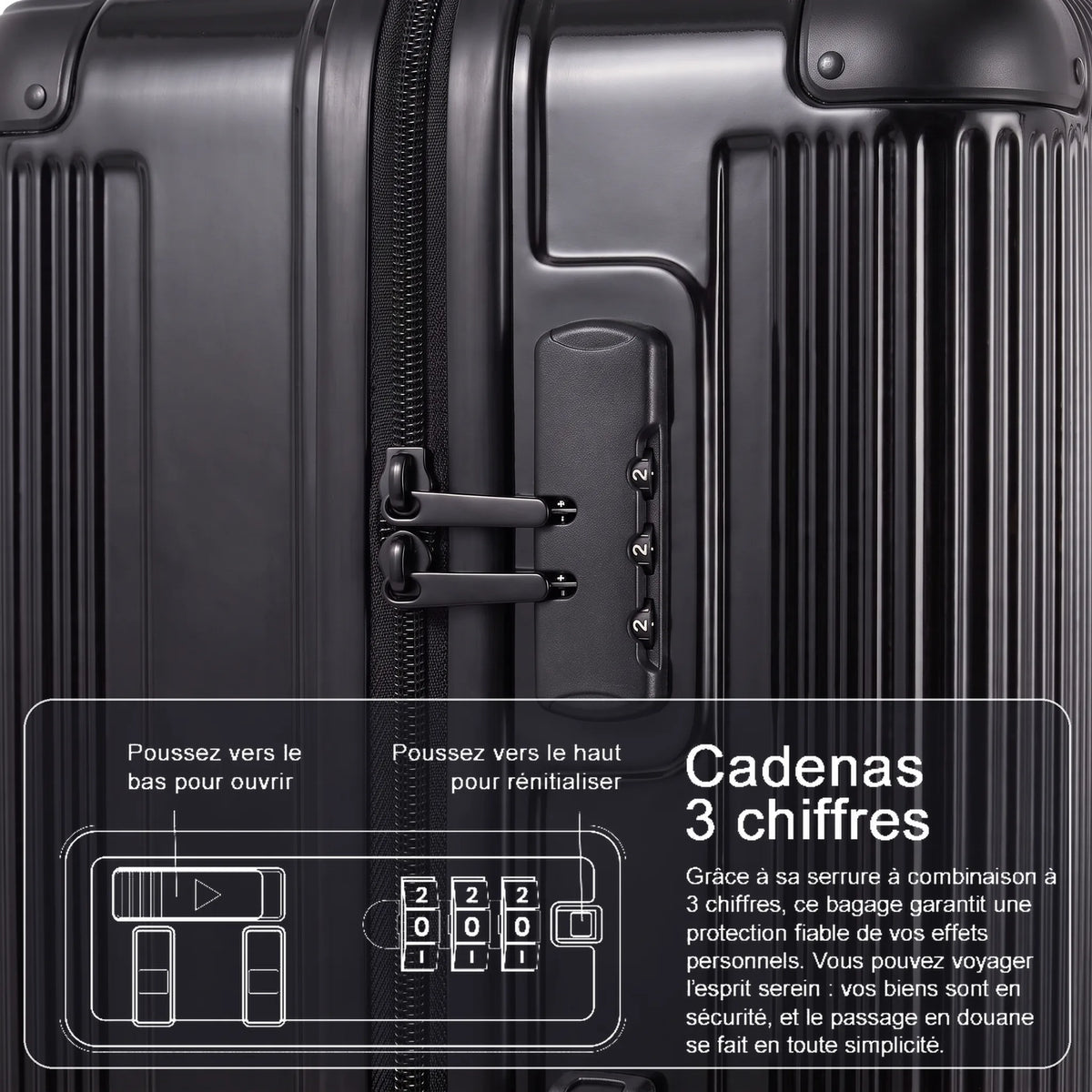 Set de 4 valises Pierre Cardin Berlin Noir, cadenas à combinaison 3 chiffres