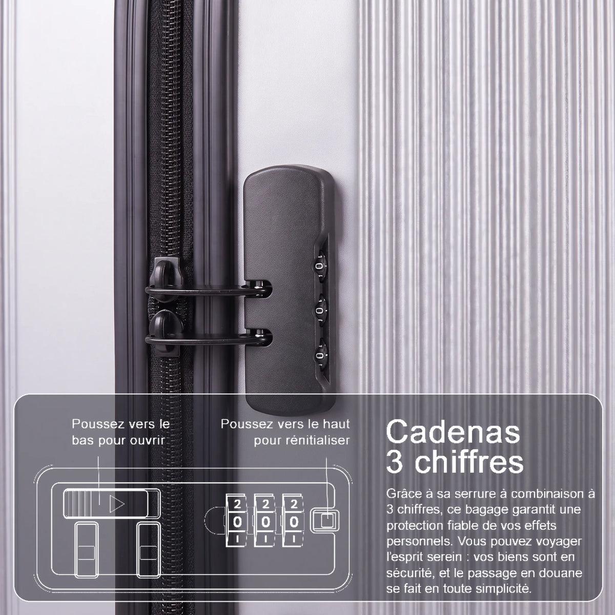 Set de 4 valises Pierre Cardin Berlin Argent, cadenas à combinaison 3 chiffres