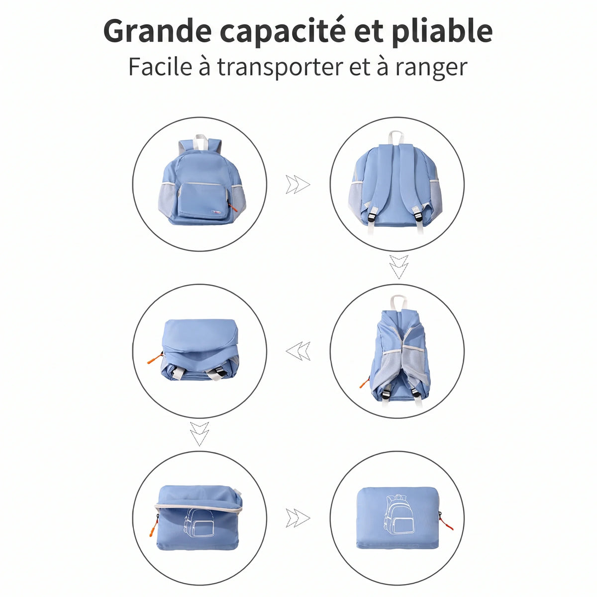 Sac à dos pliable de voyage Blanc, pliage